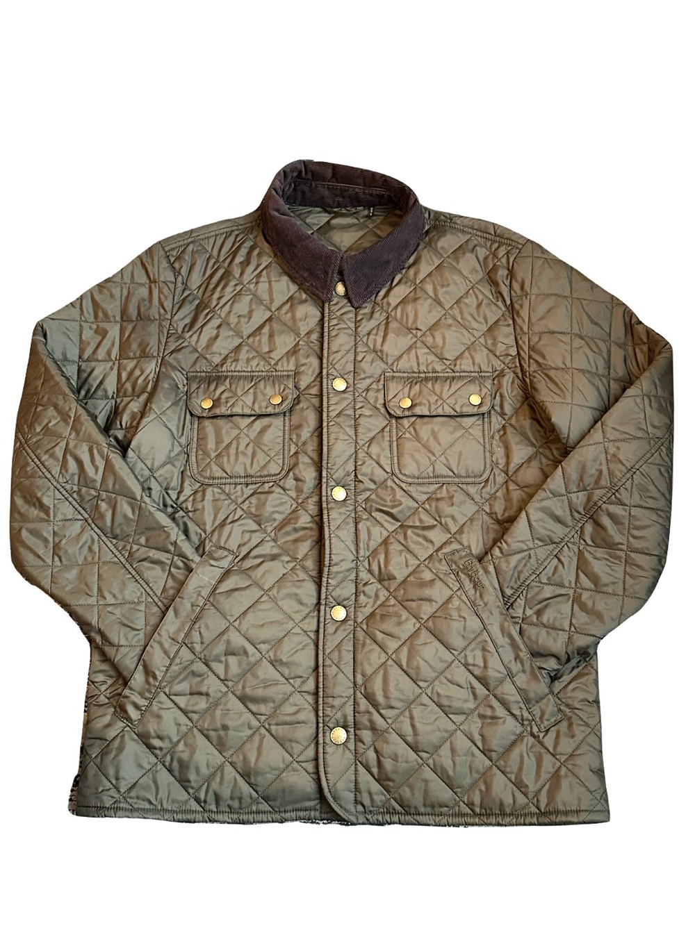 Barbour Tinford Olive Quilted Jacket Corduroy Collar Snap Front Men's Large